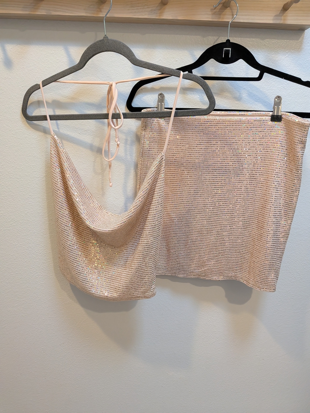 NWOT Chocolate Brand Champagne Sequin Cowl Halter Crop Top & Mini Skirt Set L/XL